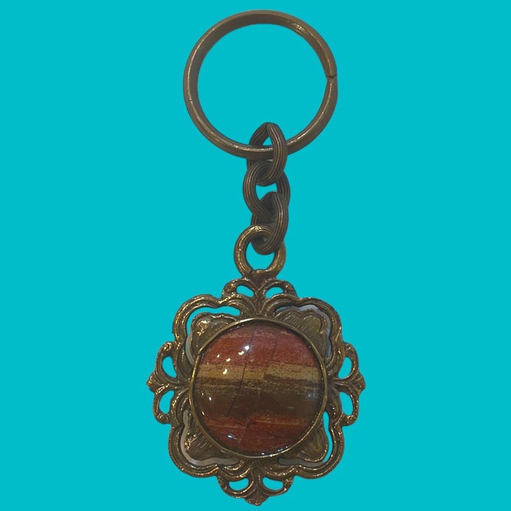 ORANGE COLORED STONE‎ BROWN CIRCLE METAL  KEYCHAIN